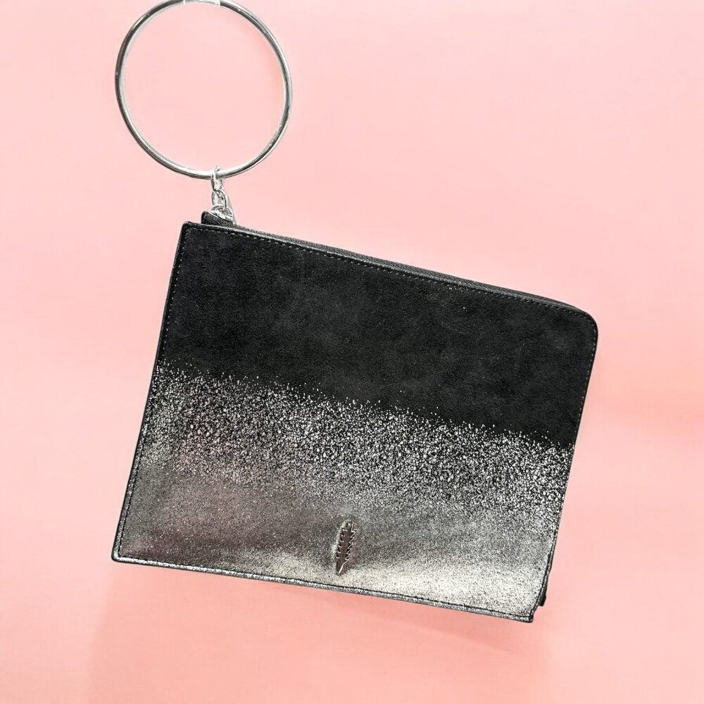 THACKER Black Suede and Metallic Silver Ombré Gable Ring Wristlet Pouch‎